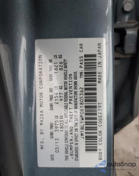 2013 Mazda 3 I from USA, damaged, VIN JM1BL1WP0D1805362